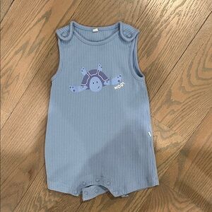 Blue Ribbed Baby One-Piece Romper with Turtle Graphic